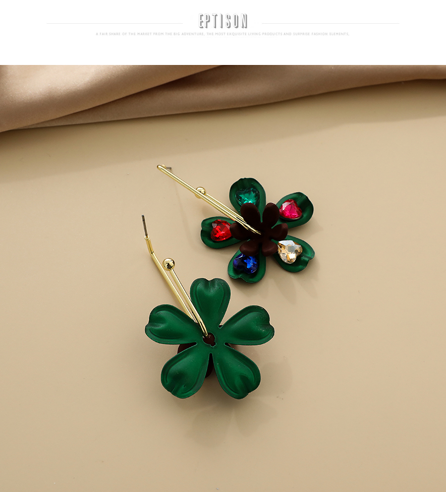 Fashion Green Alloy Diamond Flower Earrings,Stud Earrings