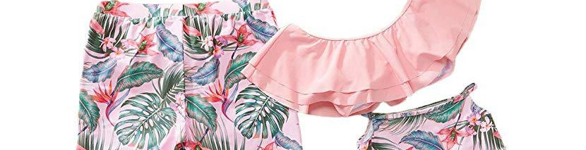 Fashion Split Male Adult Pink Leaves Ruffle Print Parent-child Swimsuit Suit,Kids Swimwear