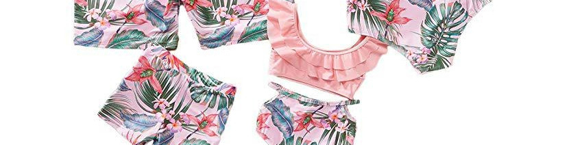 Fashion Split Female Adult Pink Leaves Ruffle Print Parent-child Swimsuit Suit,Kids Swimwear