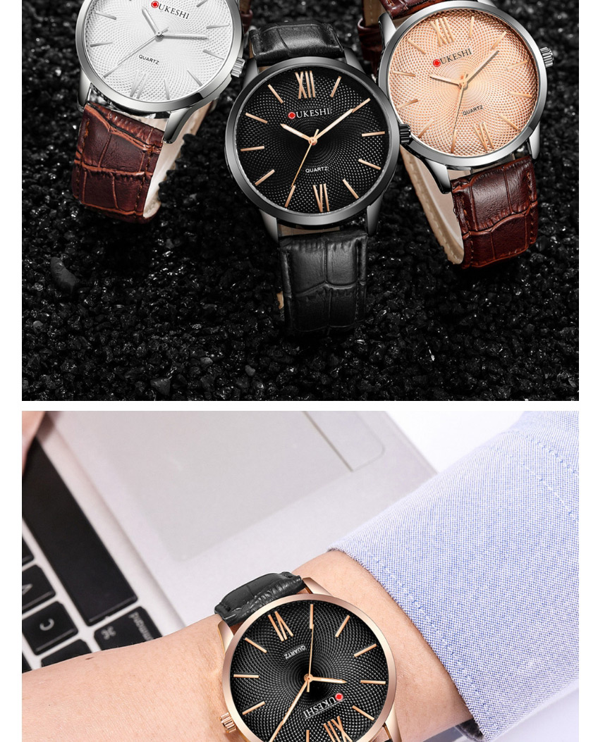 Fashion Brown With Black Shell Rose Gold Noodles Plaid Ultra-thin Mens Belt Watch,Men