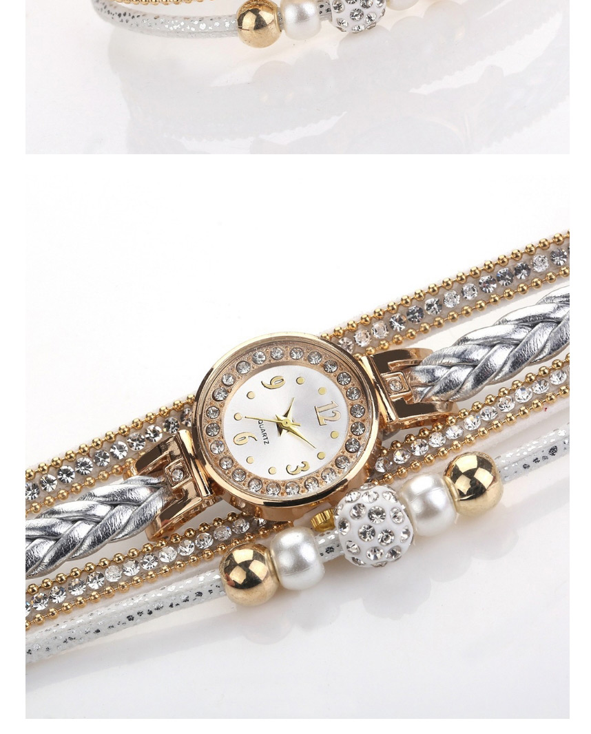 Fashion Beige Rhinestone Pearl Beaded Round Pu Belt Braided Rope Watch,Ladies Watches