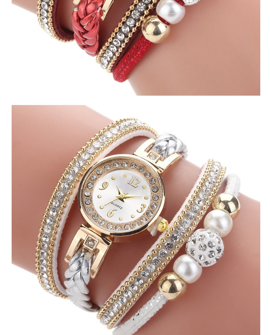 Fashion Red Rhinestone Pearl Beaded Round Pu Belt Braided Rope Watch,Ladies Watches