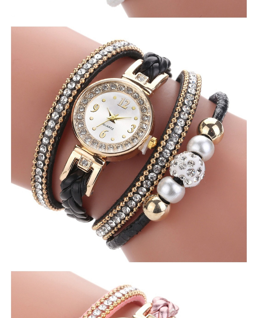 Fashion Beige Rhinestone Pearl Beaded Round Pu Belt Braided Rope Watch,Ladies Watches