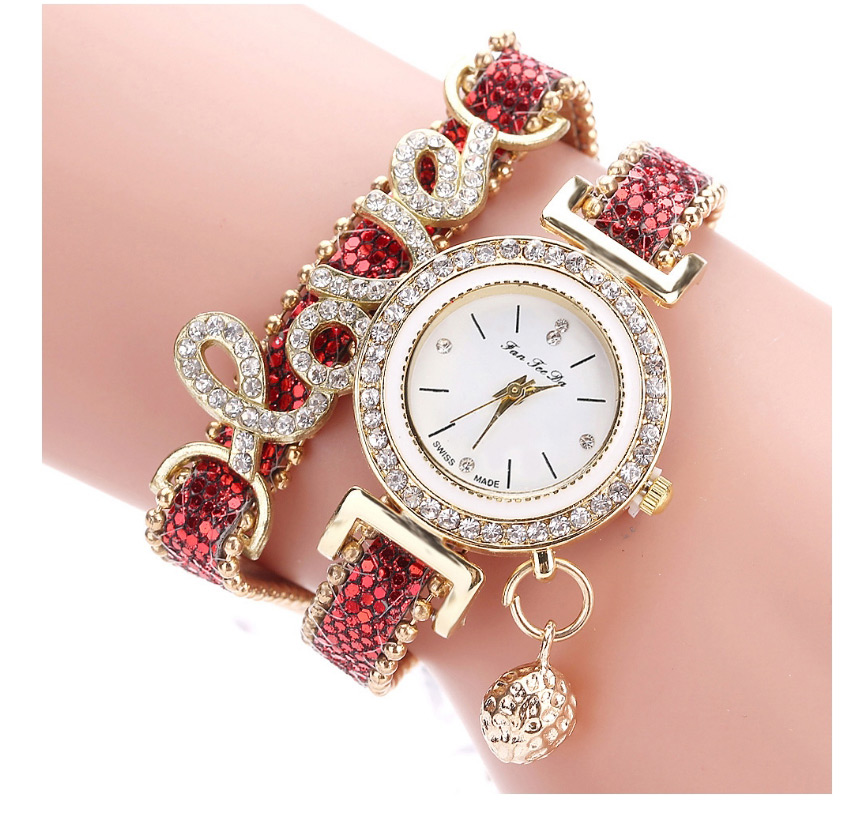 Fashion Red Rhinestone Letter Circle Alloy Bracelet Watch,Ladies Watches