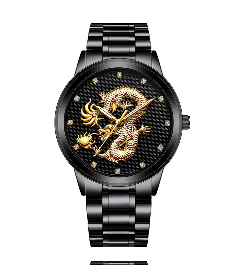 Fashion Silver Color With Gold Color Noodles Embossed Dragon Non Mechanical Steel Band Quartz Mens Watch,Men