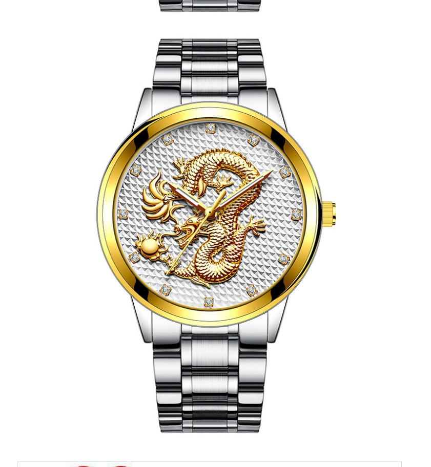 Fashion Gold Color Strip White Noodles Embossed Dragon Non-mechanical Steel Band Quartz Mens Watch,Men