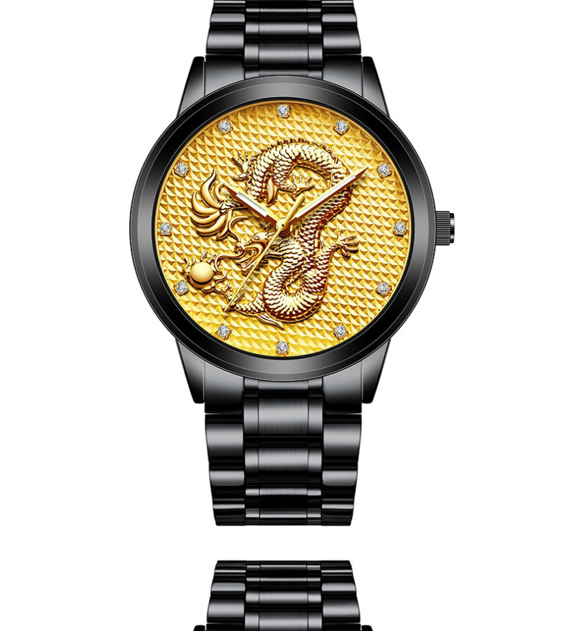 Fashion Silver Color With Black Face Embossed Dragon Non Mechanical Steel Band Quartz Mens Watch,Men