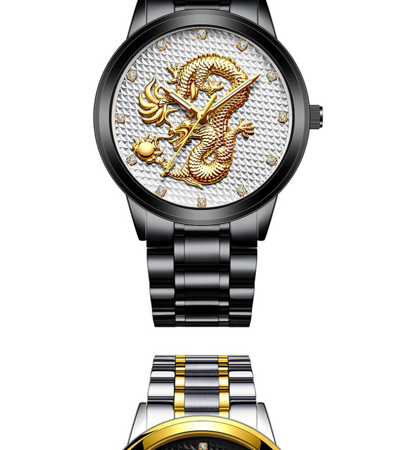 Fashion Gold With Black Face Embossed Dragon Non-mechanical Steel Band Quartz Mens Watch,Men