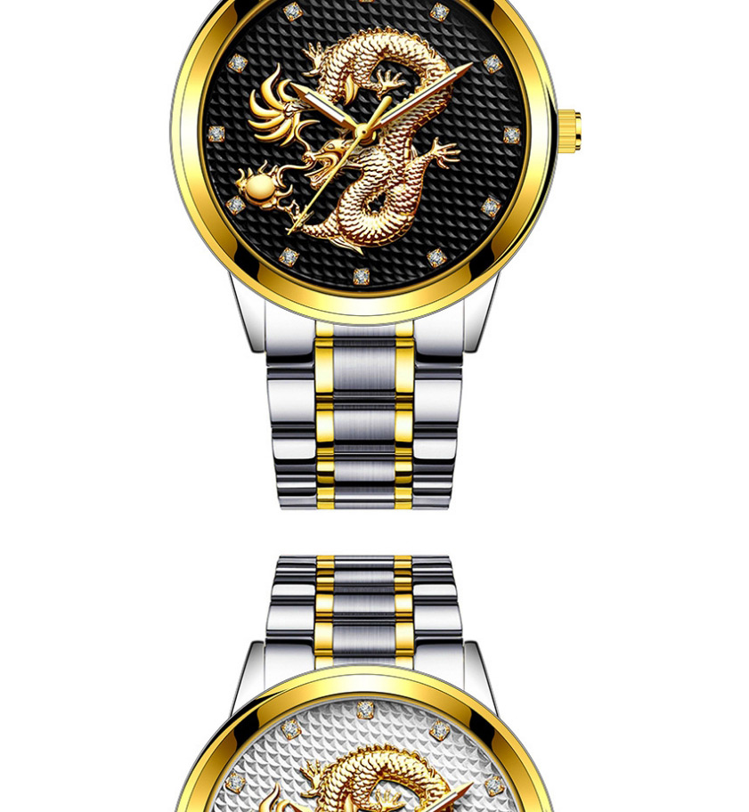 Fashion Gold With Black Face Embossed Dragon Non-mechanical Steel Band Quartz Mens Watch,Men