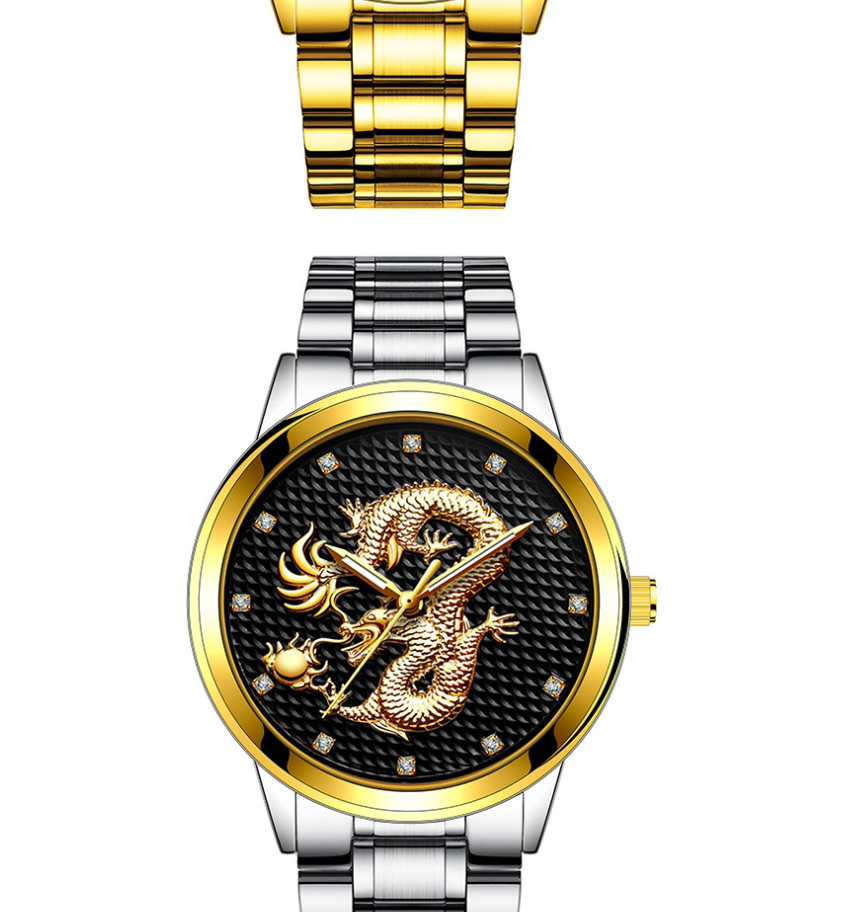 Fashion Silver Color With White Noodles Embossed Dragon Non Mechanical Steel Band Quartz Mens Watch,Men