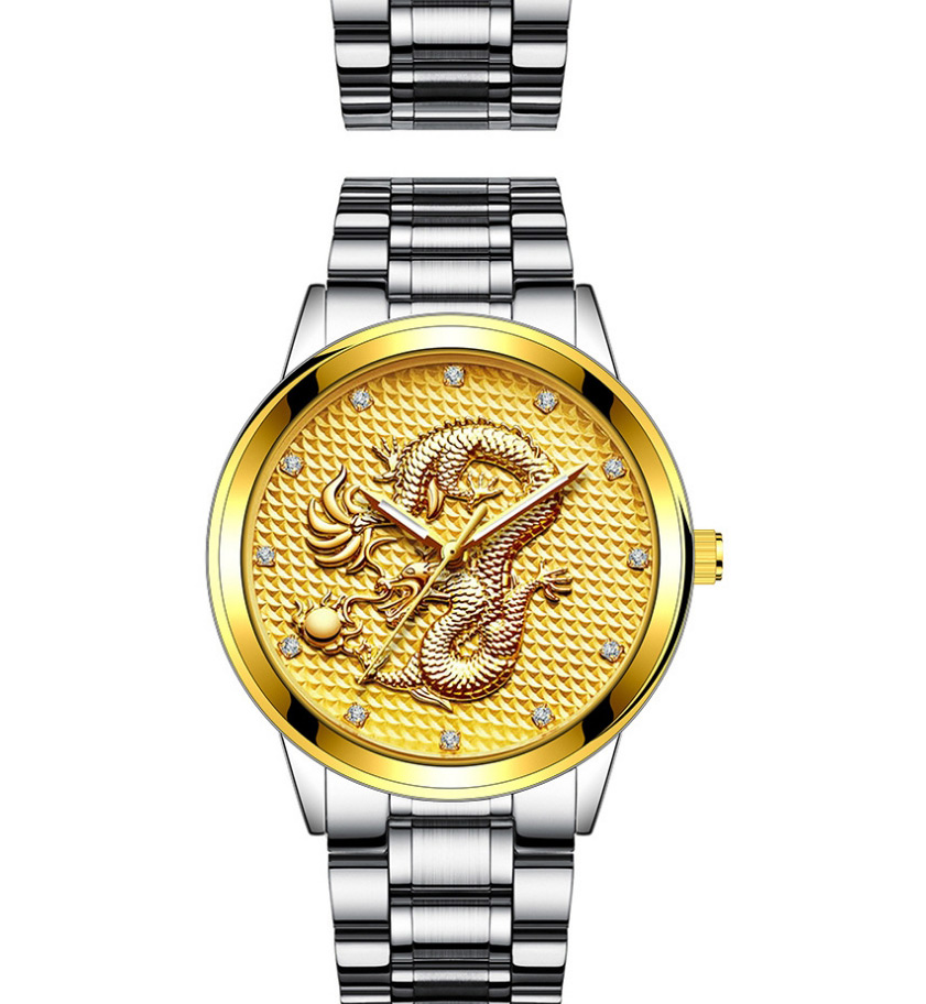 Fashion Gold Color Noodles Embossed Dragon Non Mechanical Steel Band Quartz Mens Watch,Men