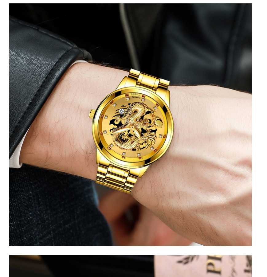 Fashion Gold Noodles Embossed Dragon-shaped Single Calendar Dial Steel Band Mens Watch,Men
