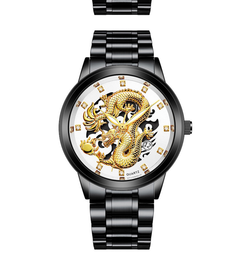 Fashion Gold With Black Face Embossed Dragon-shaped Single Calendar Dial Steel Band Mens Watch,Men
