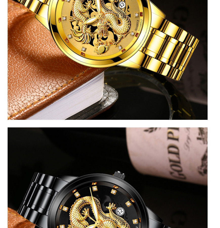 Fashion Gold With Black Face Embossed Dragon-shaped Single Calendar Dial Steel Band Mens Watch,Men