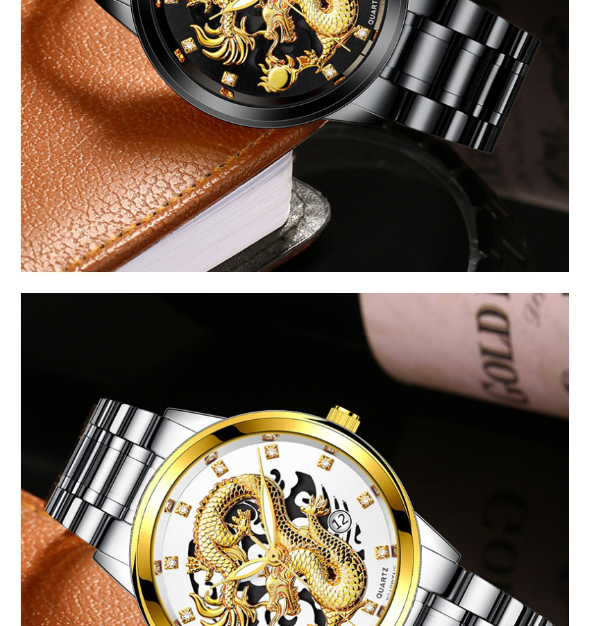 Fashion Silver Color With Black Face Embossed Dragon-shaped Single Calendar Dial Steel Band Mens Watch,Men
