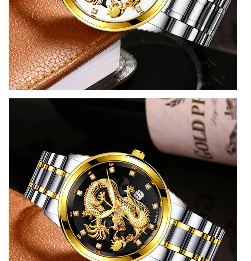 Fashion Gold Color Strip White Noodles Embossed Dragon-shaped Single Calendar Dial Steel Band Mens Watch,Men