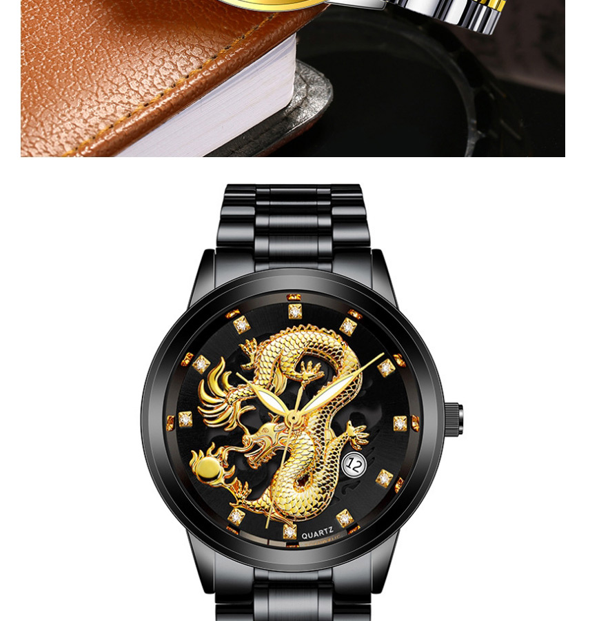 Fashion Black With White Noodles Embossed Dragon-shaped Single Calendar Dial Steel Band Mens Watch,Men