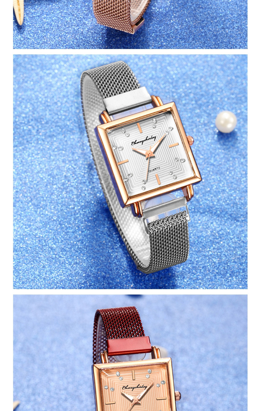 Fashion Blue Square Dial Magnet Mesh Belt Set Diamond British Watch,Ladies Watches