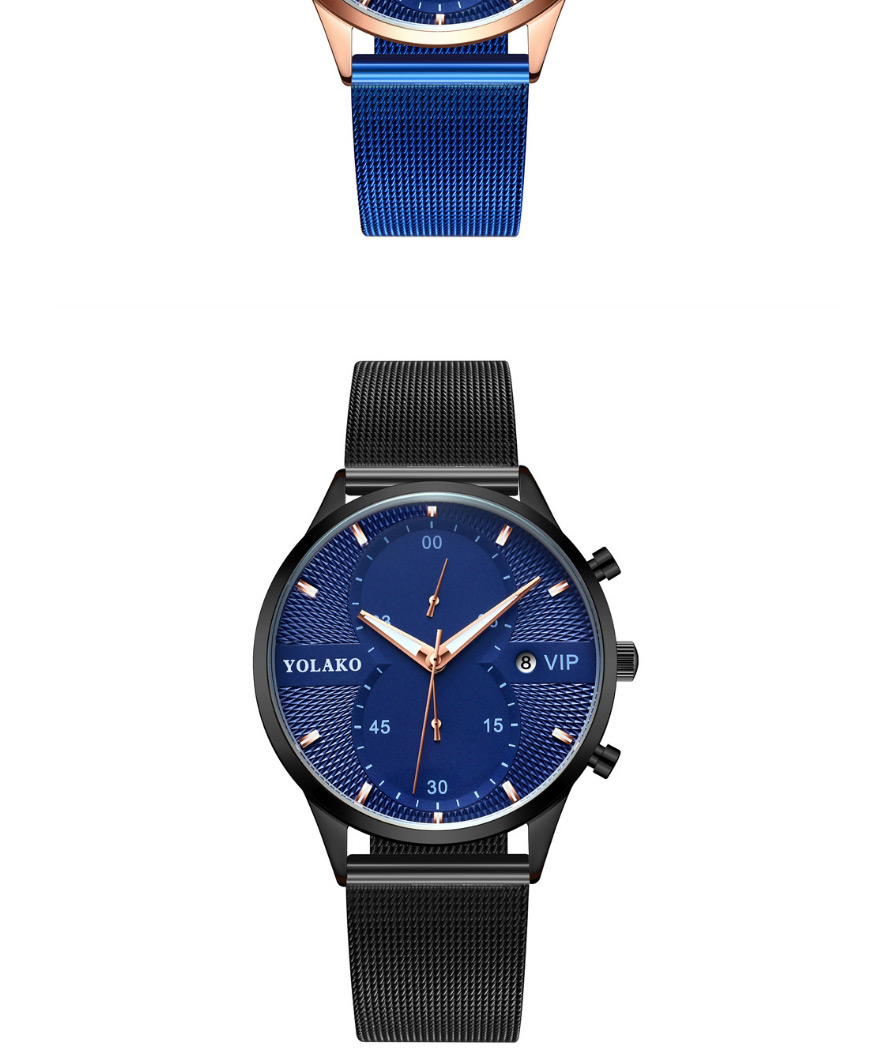 Fashion Blue With Black Shell And Blue Surface Calendar Ultra-thin Mesh Band Quartz Mens Watch,Men