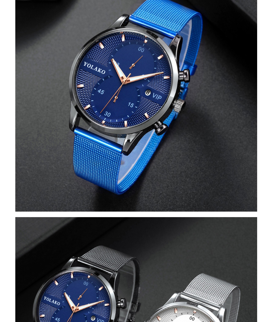 Fashion Blue With Black Shell And Blue Surface Calendar Ultra-thin Mesh Band Quartz Mens Watch,Men