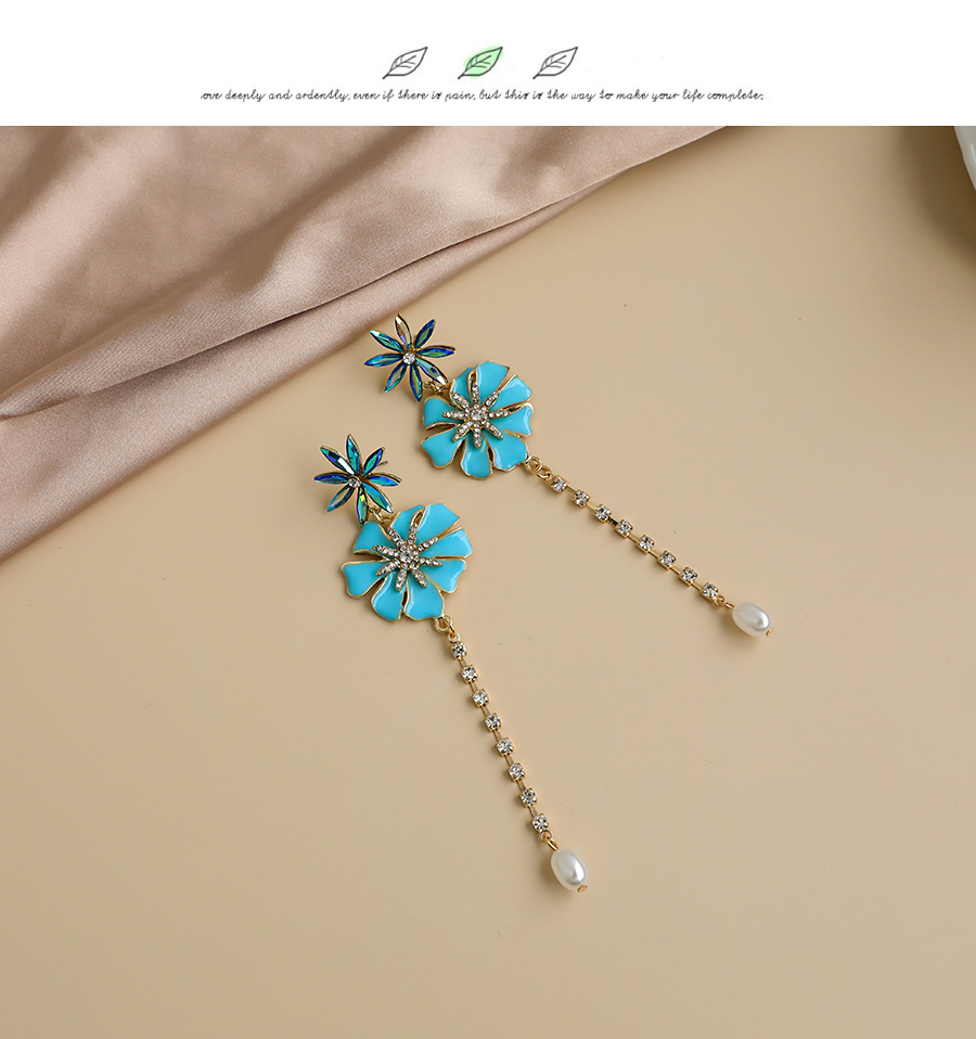 Fashion Blue Alloy Oil Drop Diamond Flower Earrings,Drop Earrings