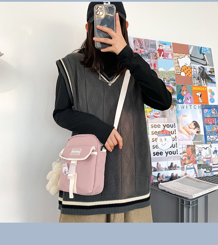 Fashion Pink Bear Pendant Contrasting Letter Buckle Shoulder Messenger Bag,Shoulder bags