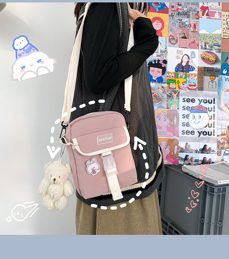 Fashion Pink Bear Pendant Contrasting Letter Buckle Shoulder Messenger Bag,Shoulder bags