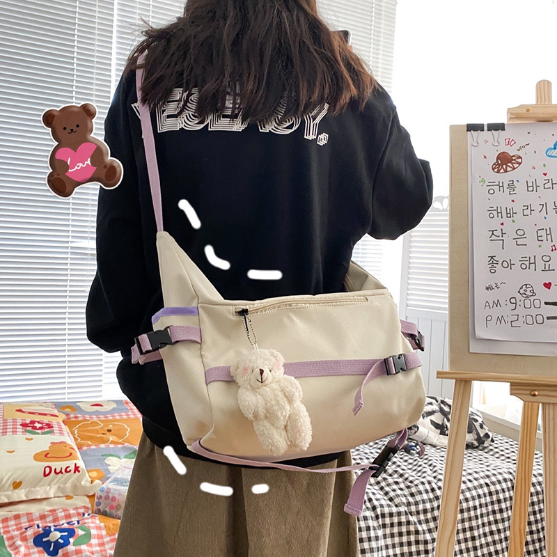 Fashion Pink Bear Pendant Large-capacity Canvas Buckle Stitching Contrast Color Crossbody Shoulder Bag,Messenger bags