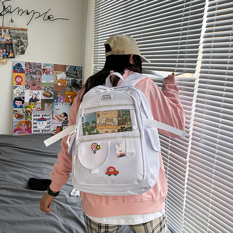 Fashion Pink Badge Cartoon Transparent Stitching Letter Logo Backpack,Backpack