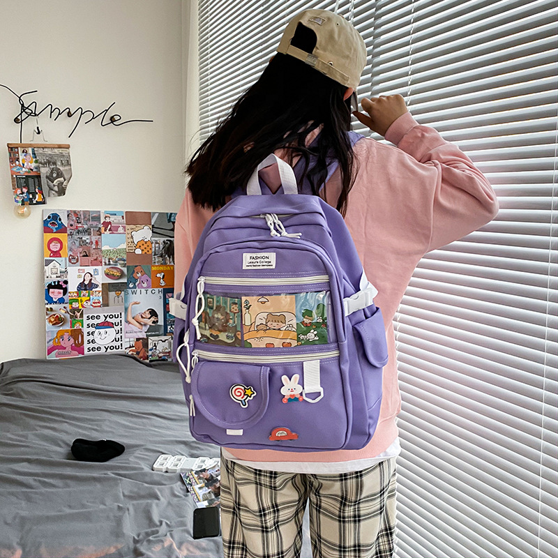 Fashion Purple Send Badge Cartoon Transparent Stitching Letter Logo Backpack,Backpack