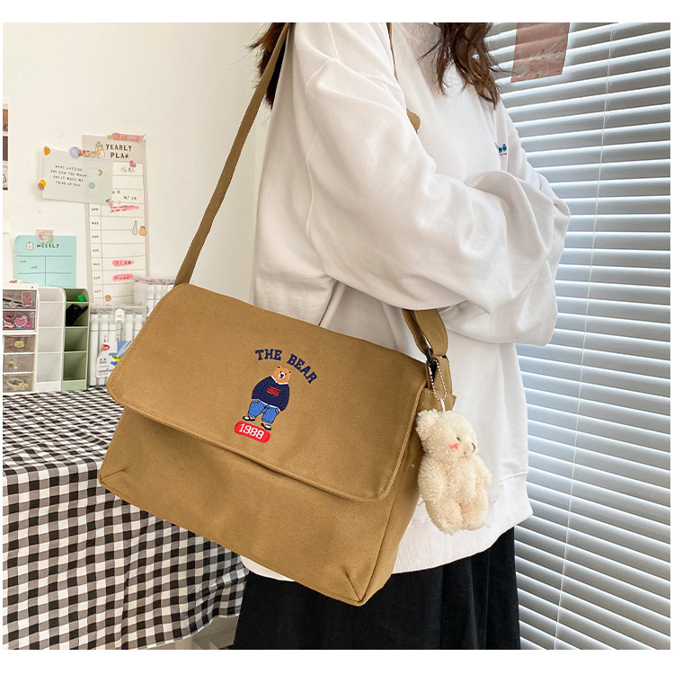 Fashion Brown Without Pendant Embroidered Bear Canvas Shoulder Crossbody Bag,Shoulder bags