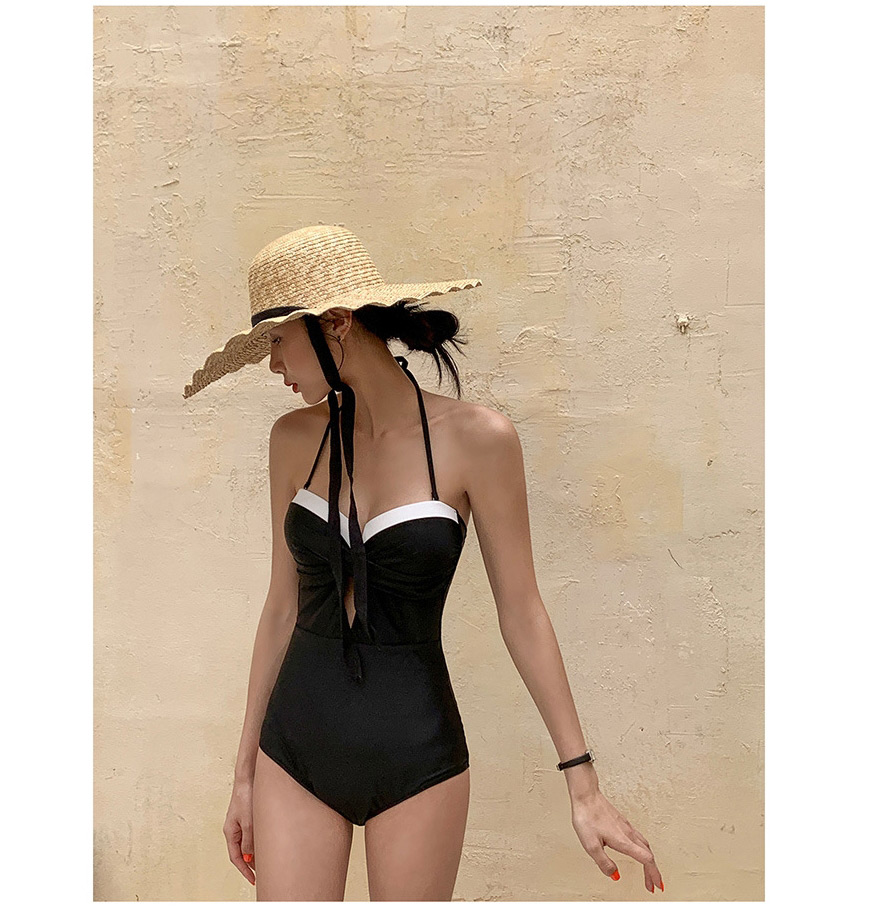 Fashion Black Stitching Contrast Color Cutout One-piece Swimsuit,One Pieces