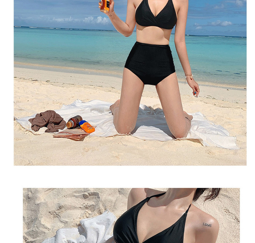 Fashion Black High Waist Pleated Strap Split Swimsuit,Bikini Sets