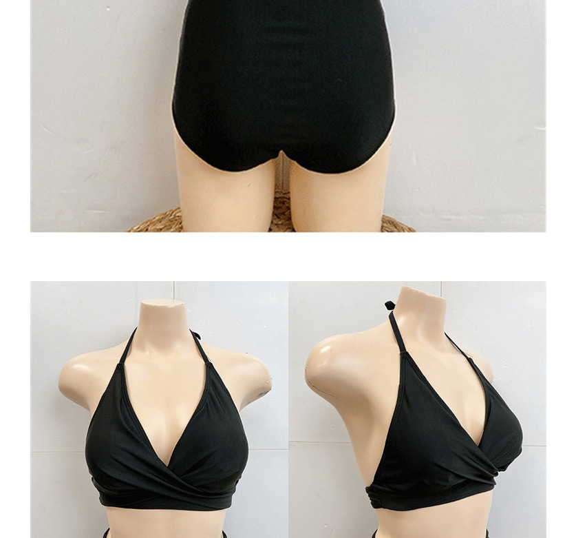 Fashion Black High Waist Pleated Strap Split Swimsuit,Bikini Sets