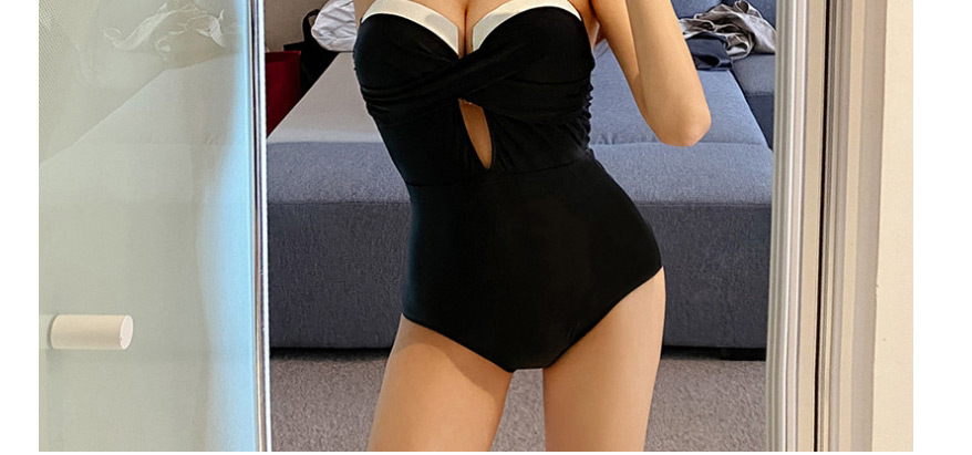 Fashion Black Stitching Contrast Color Cutout One-piece Swimsuit,One Pieces