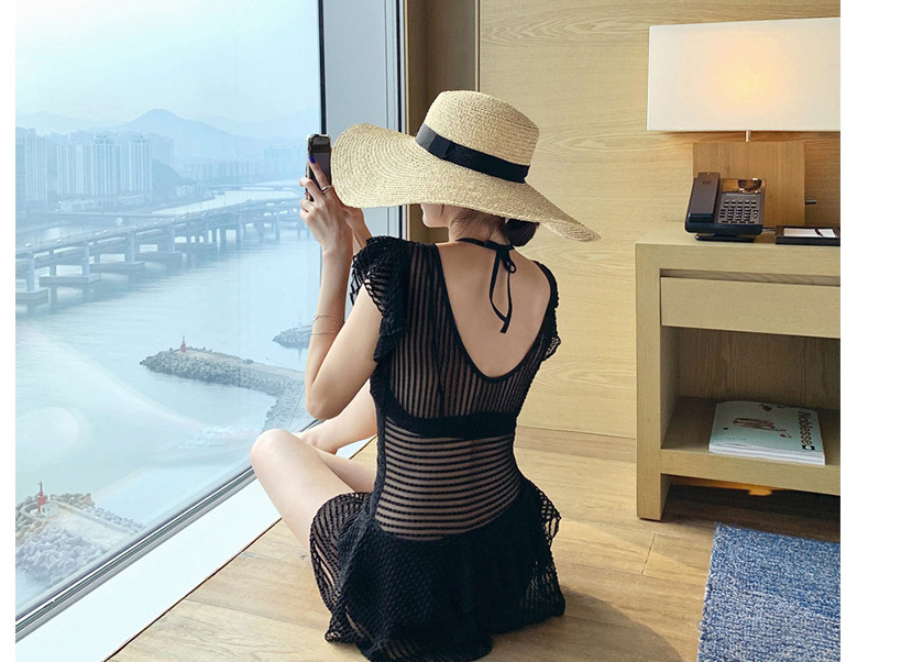 Fashion Black Ruffled Lace Solid Color One-piece Swimsuit,One Pieces