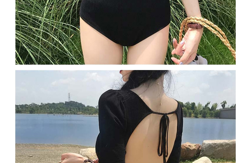Fashion Black Sleeve V-neck Solid Color One-piece Swimsuit,One Pieces