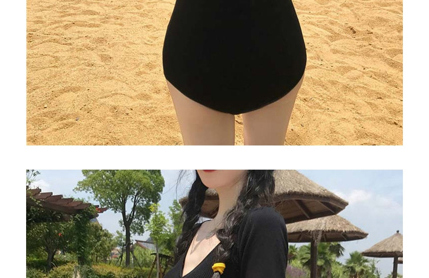 Fashion Black Sleeve V-neck Solid Color One-piece Swimsuit,One Pieces