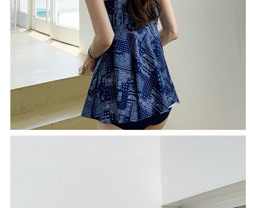 Fashion Blue Skirt Print Suspender Split Swimsuit,Swimwear Sets