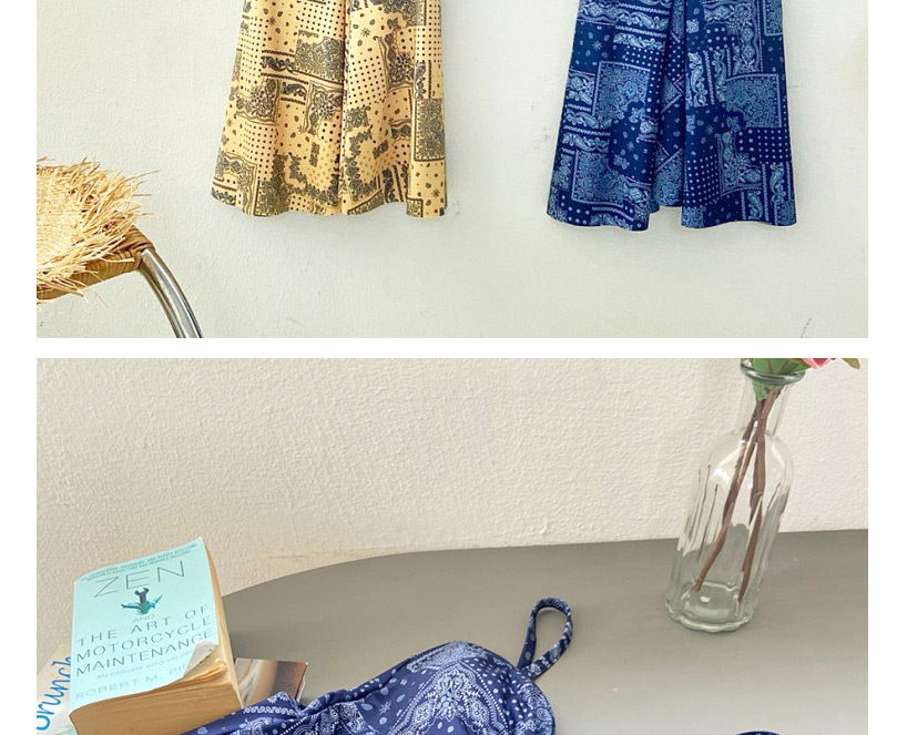 Fashion Blue Skirt Print Suspender Split Swimsuit,Swimwear Sets