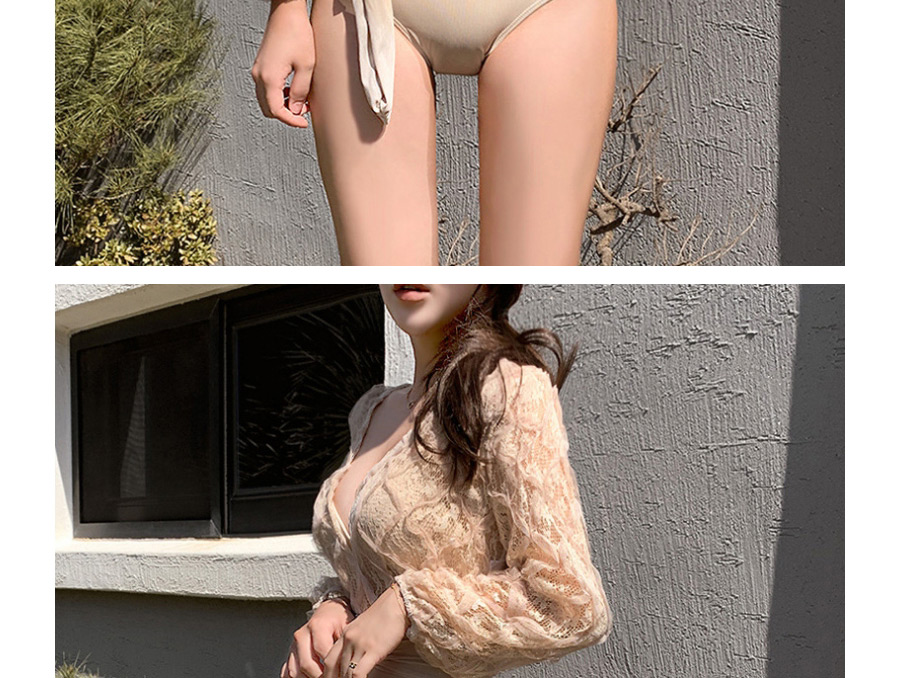 Fashion Apricot Long Sleeve Lace V-neck Swimsuit,One Pieces
