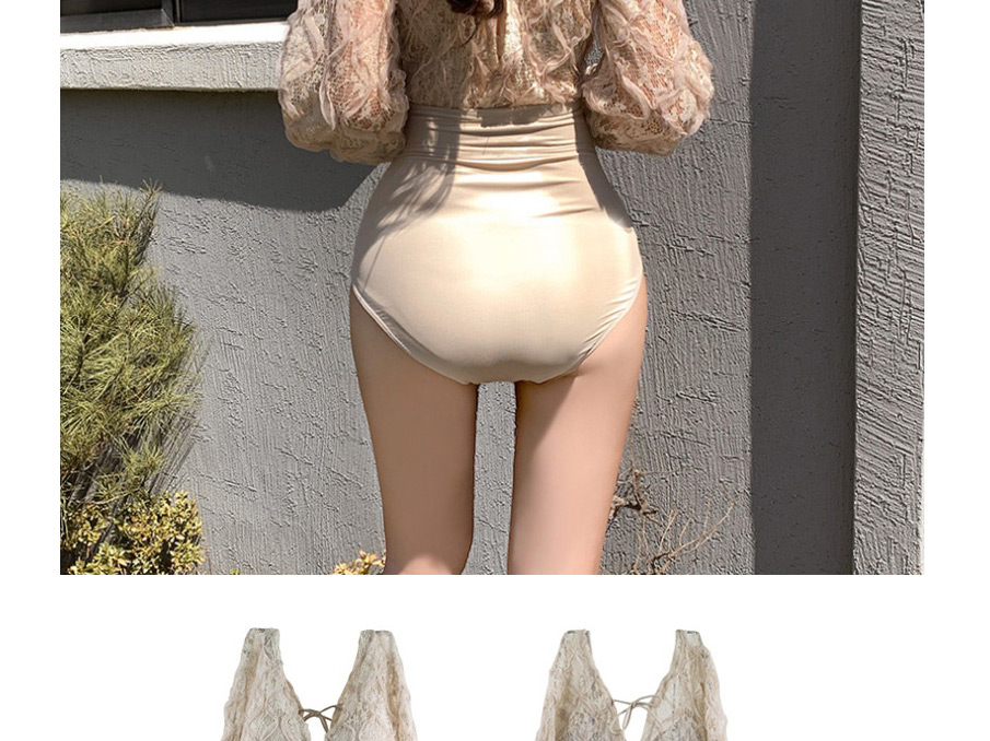 Fashion Apricot Long Sleeve Lace V-neck Swimsuit,One Pieces