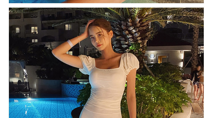 Fashion White Short Sleeve Square Neck Pleated Solid Color One-piece Swimsuit,One Pieces
