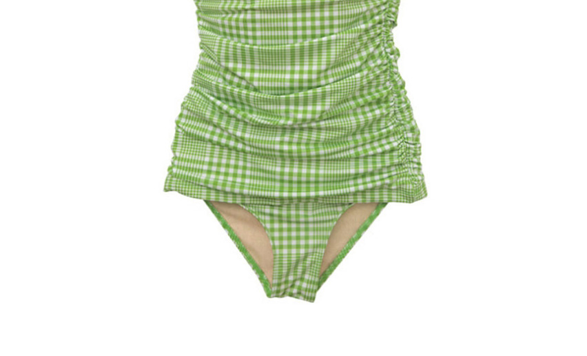 Fashion Green Check Pleated Sling One-piece Swimsuit,One Pieces