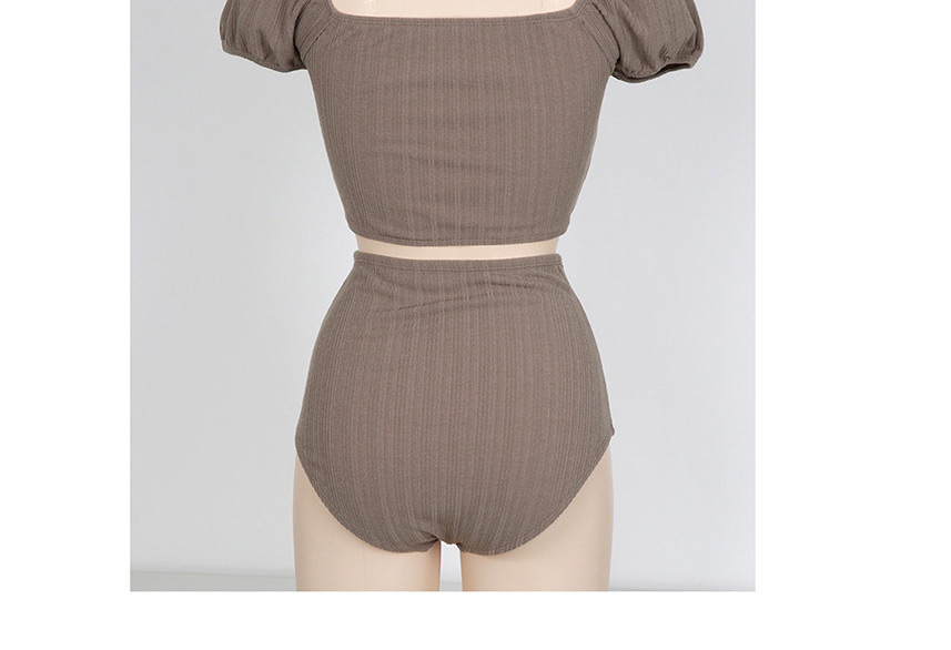 Fashion Coffee Color Short Sleeve Square Neck High Waist Solid Color Split Swimsuit,Swimwear Sets
