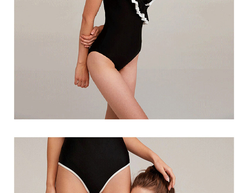 Fashion Black And White Lace Contrast Color V-neck One-piece Swimsuit,One Pieces