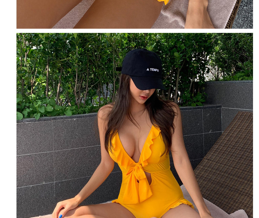 Fashion Yellow Open Back Ruffled Cutout One-piece Swimsuit,One Pieces