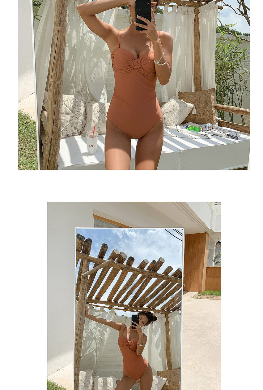 Fashion Brown One-piece Swimsuit With Cross Metal Buckle Strap,One Pieces