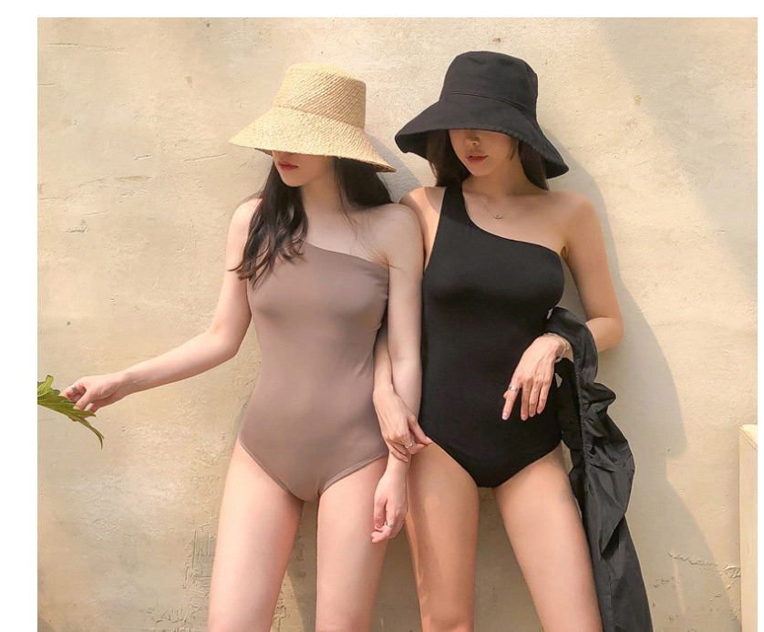 Fashion Coffee Color Open Back One-shoulder Solid Color One-piece Swimsuit,One Pieces