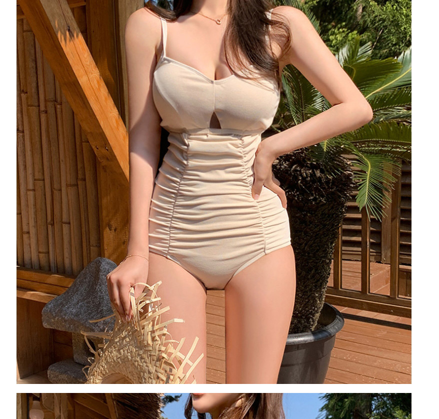Fashion White Pleated Hollow Solid Color One-piece Swimsuit,One Pieces